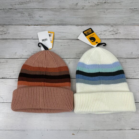 Lot of 2 Carhartt Rib Knit Beanie Pink /white Stripe Women's NEW Hat OS - Picture 7 of 7